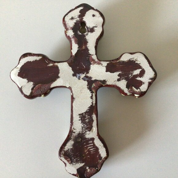 Vintage Ceramic Wall Cross Religious Distressed Burgundy & Cream Glaze Finish - Picture 4 of 7
